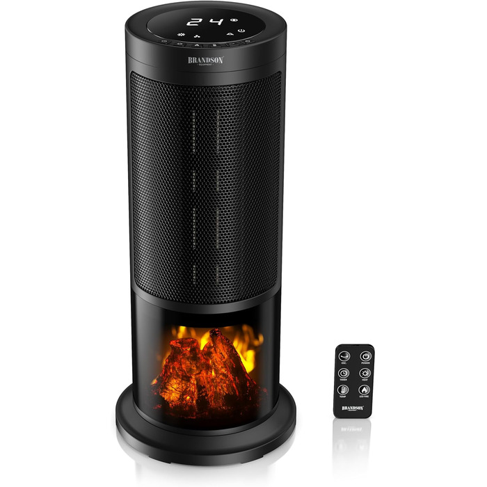 Електричний обігрівач Brandson з ефектом каміна: тихий, енергоефективний, з дистанційним керуванням, таймером, для ванної, вітальні, офісу, дитячої кімнати (чорний)
