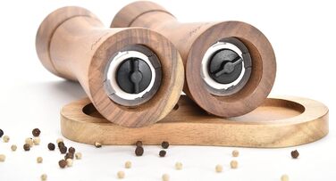 figg Salt and Pepper Grinder Wood Large (20 cm) - Set - Spice Grinder with Ceramic Grinder including Wooden Spoon and Wooden Coaster - Suitable as Pepper and Salt Grinder