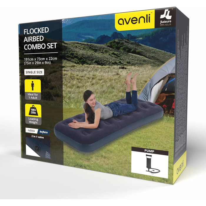 Надувний матрац Avenli для кемпінгу, 191x73x22 см з насосом для 1 особи - гостьовий матрац, флоксована поверхня
