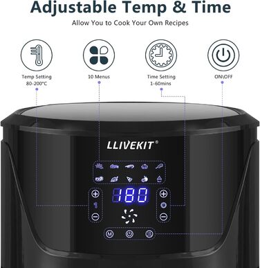 Фритюрниця без олії LLIVEKIT з 2 камерами та скляними вікнами, 4.5L+4.5L, Airfryer 9-в-1, XXL, з сенсорним екраном та таймером
