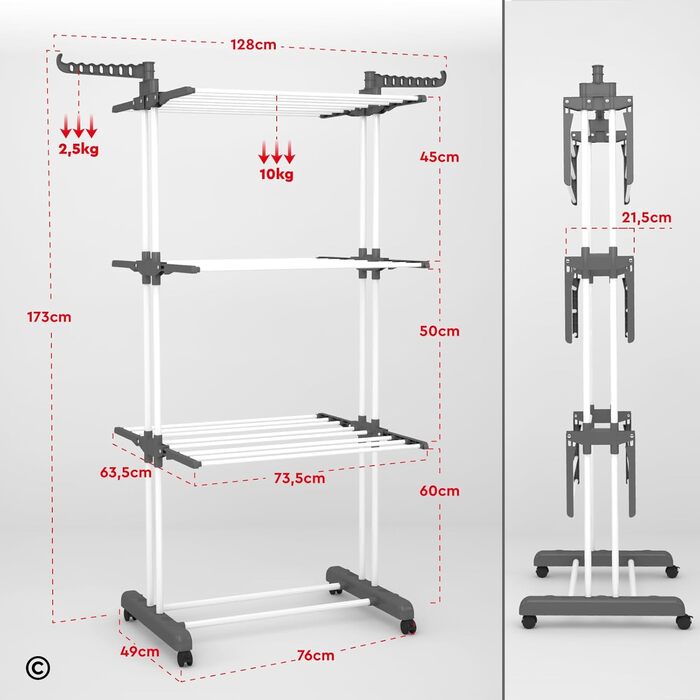 Сушарка для білизни VertiSlim Dry складана, вежа з 4 рівнями, нержавіюча сталь, з колесами та бічними крилами, сіра - для дому та вулиці