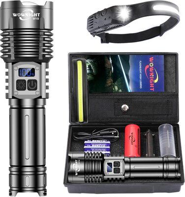 LED ліхтарик на акумуляторі 500000 люмен, 2 режими, USB-C, тактичний, потужний, регулювання яскравості, налобний, для активного відпочинку та надзвичайних ситуацій, Obsidianschwarz