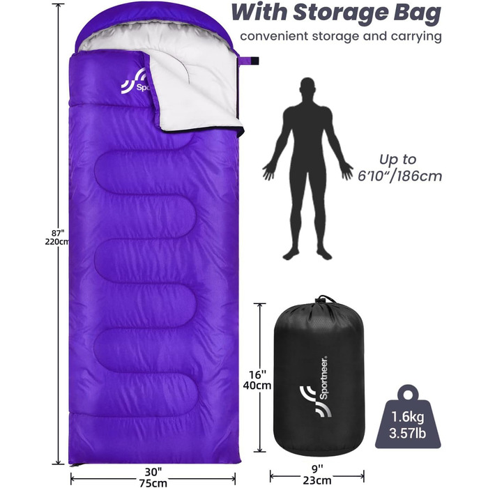 Спальний мішок Outdoor Sportneer для дорослих та дітей - легкий, портативний, для кемпінгу, походів, рюкзаків, 220x75см, фіолетовий