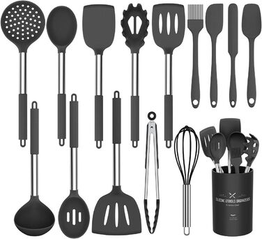Набір кухонного посуду Umite Chef 15 предметів, силіконовий, термостійкий, антипригарний, без BPA, з нержавіючою ручкою – лопатка, ложка, щипці, вінчик