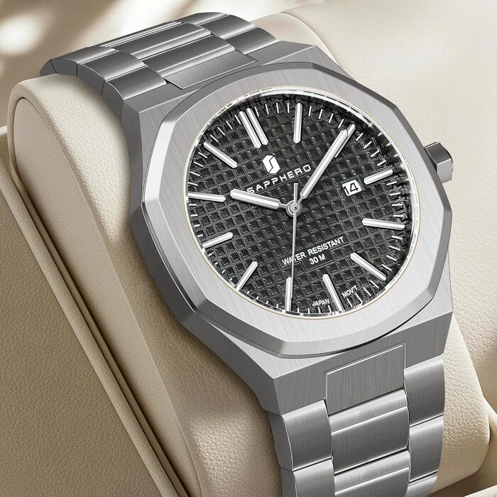 Годинник SAPPHERO для чоловіків з нержавіючої сталі, 50M водостійкий, класичний аналоговий кварц з календарем. Елегантний подарунок для чоловіків (сріблястий браслет/чорний циферблат)