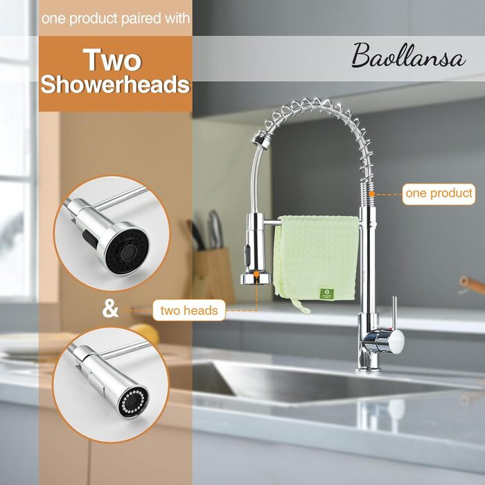 Змішувач кухонний з висувною лійкою, 360° поворот, 2 режими, нержавіюча сталь, хром