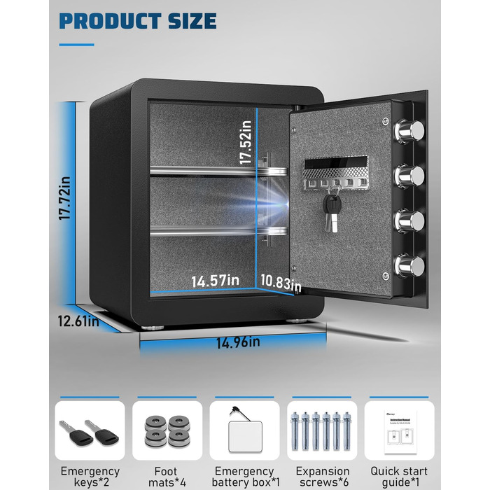 Кейві 2.0 Kub Safe Box: сейф з LCD-сенсорним екраном, двома тривогами, LED-підсвіткою, знімною полицею, для грошей, документів та цінностей (2,0 м³)
