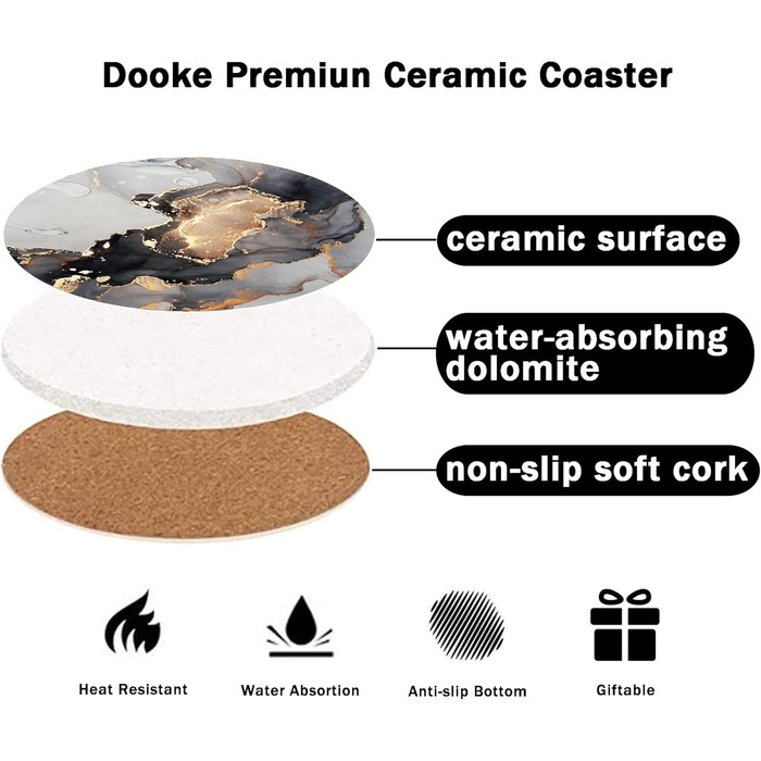 Dooke Coasters for Drinks, round, absorbent ceramic stone coasters with cork base, fun turquoise marble drink coasters (Gray Marble)