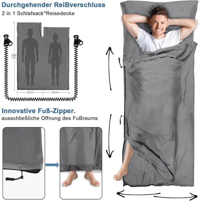 Спальний мішок туристичний 2в1 з мікрофібри, 220x95 см, для походів, хостелів та гірських притулків, зелений (сірий)