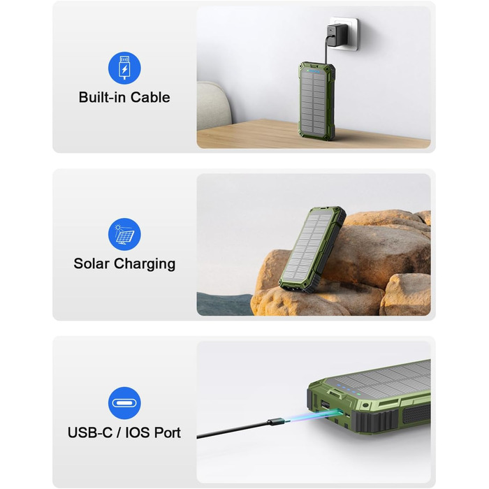 Сонячний повербанк 26800 mAh з 4 кабелями, швидка зарядка USB-C, Qi бездротова зарядка, LED ліхтарик - для телефонів, планшетів, кемпінгу (Зелений)