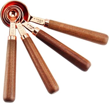 RiJpex Measuring Spoon, Pourer, Measuring Cup, 1 Set/4 Pieces, Gold-Colored Kitchen Utensil, Coffee Scoops, Utensils, Dessert Scoop, Ingredient Scale, Walnut Unit Scoop