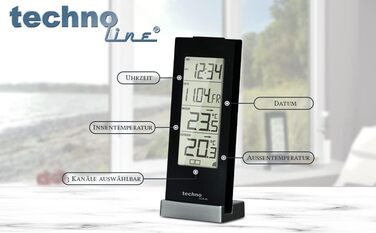 Цифрова метеостанція Techno Line WS9767 з зовнішнім датчиком: годинник з радіоуправлінням, термометр внутрішній/зовнішній, пам'ять Min/Max, будильник, відстрочка сну - чорний колір