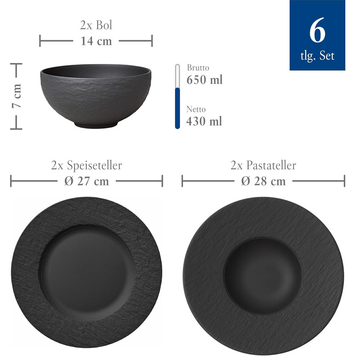 Villeroy & Boch – Manufacture Rock Starter Set, 6-Piece, Black, Dishwasher Safe, Microwave Safe, Matte Black Dinnerware Set, Tableware Service, Dining Dishware, Premium Porcelain Starter Set | 6-Piece Black