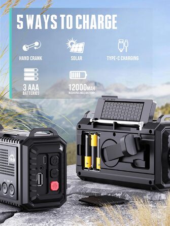 Радіо на механічній ручці з сонячною панеллю та Powerbank 12000mAh | FM/AM/SW радіо для екстрених ситуацій, зарядка USB-C, SOS-сигнал, ліхтарик та лампа для читання | Водонепроникне, портативне радіо для кемпінгу, туризму, чорне