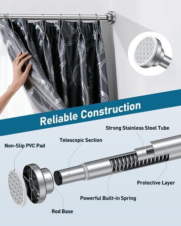 Штанга для душу Uniclife без свердління, 82–204 см, регульована, нержавіюча сталь, для ванної, вікна, шафи, срібна