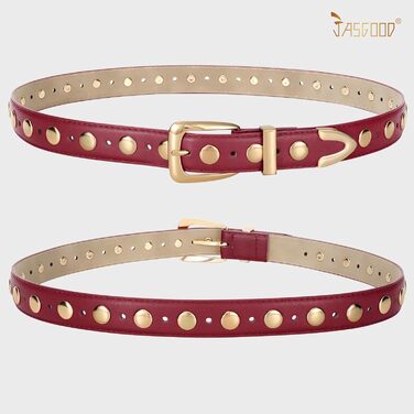 Жіночий шкіряний ремінь JASGOOD з золотистою пряжкою, вінтажний панк-рок, модний ремінь з шипами для джинсів та повсякденного носіння, 130 см: для розміру 105-114 см (Бордовий, 110 см: для розміру 78-92 см)