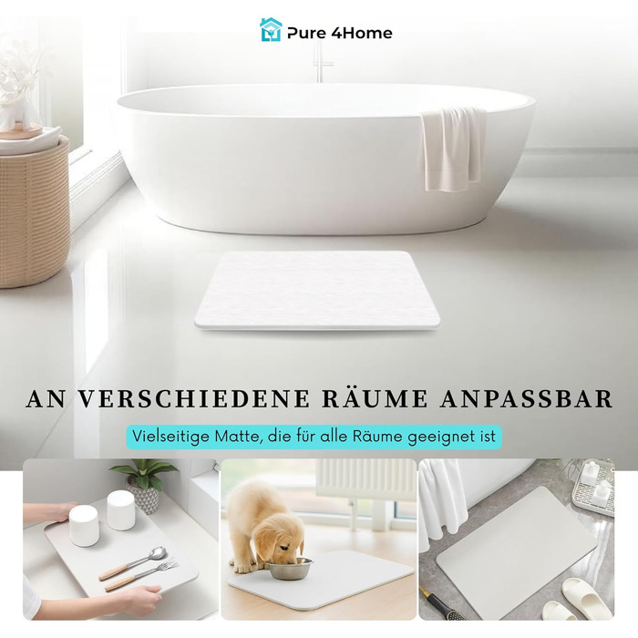 Діатомітовий килимок для ванної Pure 4Home Kieselgur 60x40 см, швидкосохнучий та антибактеріальний підклад, білий
