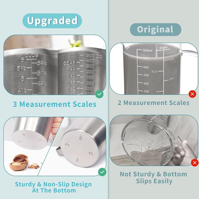 Newness Focus on stainless steel measuring cups, 1500 ml stainless steel measuring cup, improved, 3 types of markings, including ml, oz, and cup, stainless steel milk frothing cup with markings and handle