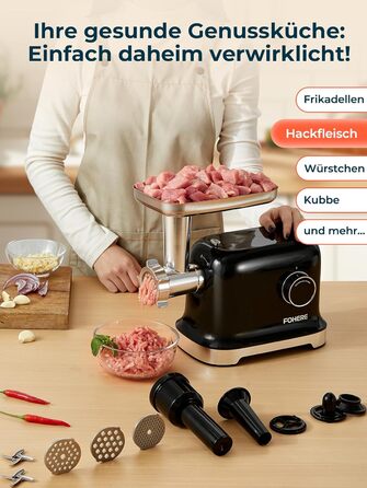 М'ясорубка електрична Fohere 2000 Вт з насадками для ковбас та кубів, 3 диски (7/5/3 мм), чорна