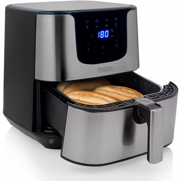 Princess Hot Air Fryer XXL with 5.5 Liter – 62.2% less energy consumption – Digital Airfryer Deluxe – 8 programs – Stainless steel – Oil-free – Aerofryer 182060, Silver STANDARD DESIGN 5.5L