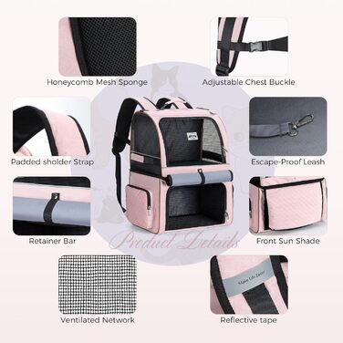 Подвійний рюкзак для котів на 2 котів, великий транспортний рюкзак для домашніх тварин, складаний рюкзак для котів та собак до 11 кг (рожевий)