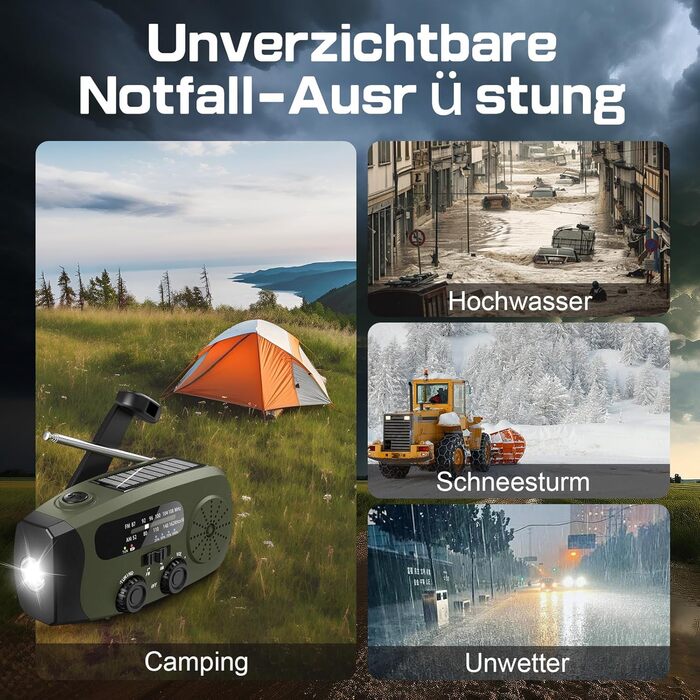Радіо на механічній та сонячній енергії Notfall Kurbel Radio з Power Bank, USB, AM/FM, SOS-сигналом, ліхтариком - зелений