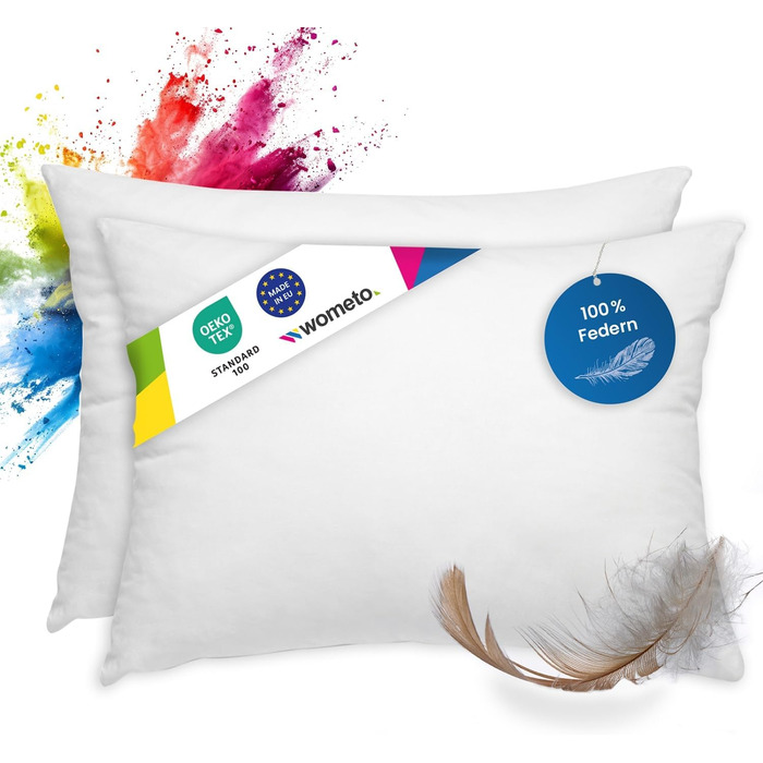 wometo 2er Set Feather Pillow 100% Feathers 30x50-330g oekoTex Pillow Inlay Cotton White/Inner Pillow/Pillow Filling/Small Head Pillows (2 pieces) 30 x 50 cm