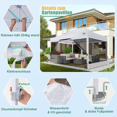 COBIZI Pavilion 3x3m Foldable, Waterproof & Winter-Proof – Stable Garden Tent with 23mm Steel Pipe, UV50+ and Mosquito Nets for Camping/Parties + Carry Bag (White, 3mx4.5m)