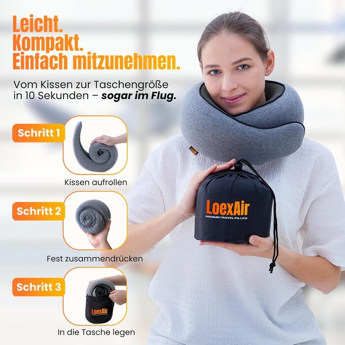 Подушка для шиї у літак, автомобіль: 100% бавовна та Memory Foam, легка та зручна, повний дорожній набір (маска для сну, беруші) - світло-сірий, класична модель