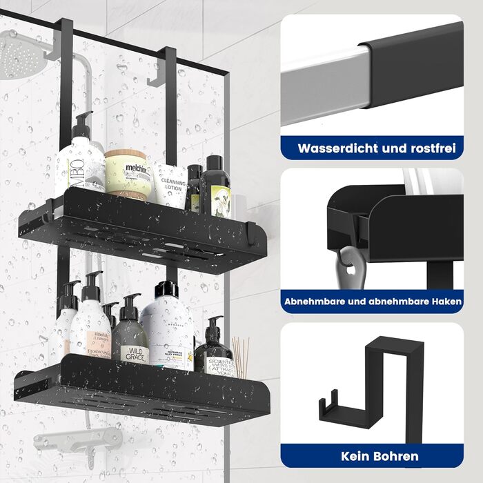 Настінна поличка для душу без свердління, чорна, з 4 гачками. Органайзер для шампуню та інших аксесуарів у ванну кімнату та кухню. Підходить для безрамкових скляних дверей.