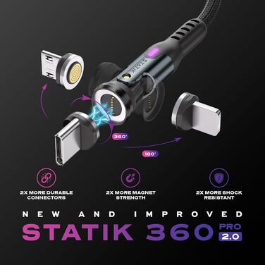 Кабель Statik 360 Pro: магнітний, 3-в-1, USB-C, Micro-USB, USB-A, кут повороту 90°, 180°, 360°, 1м, iProdukt