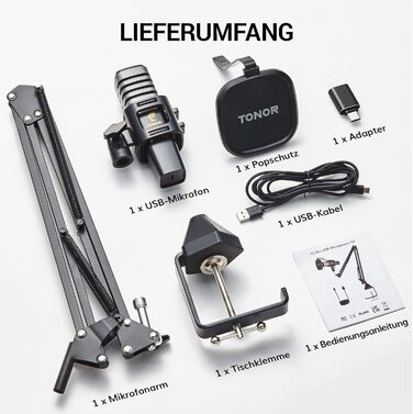USB мікрофон TONOR TC30 з підставкою, поп-фільтром та мікрофонною павутиною для стримінгу, подкастингу та запису голосу. Сумісний з ПК та ноутбуком