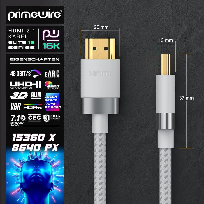 HDMI кабель 2.1 CSL 10м - 16K@30Hz, 8K@60Hz, 4K@120Hz - Ultra High Speed Ethernet 48Gbps - HDR 10+ eARC 3D VRR - для ігор, TV, PS5, Xbox