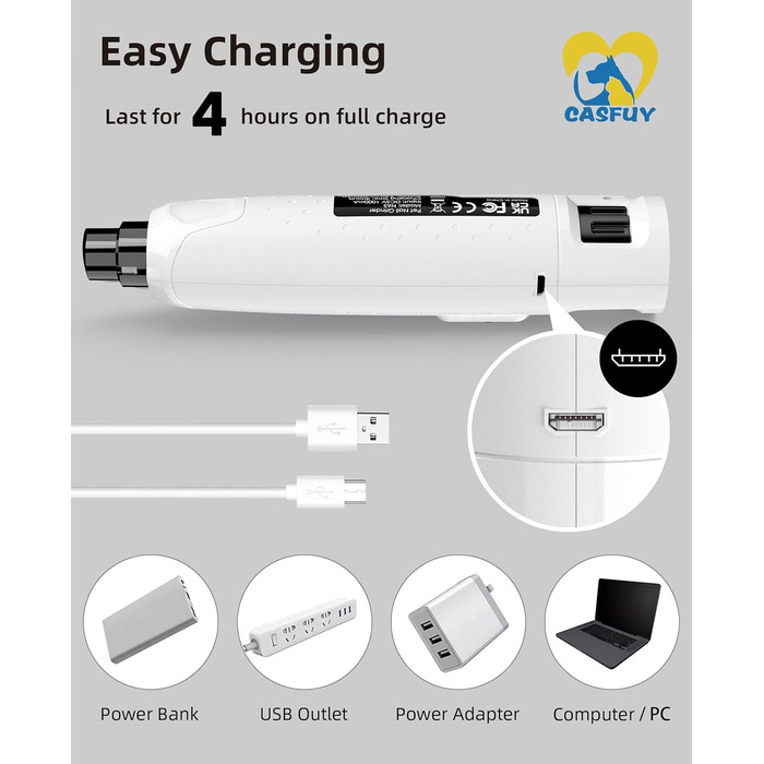 Електричний точилка для кігтів собак Casfuy - 6 режимів, 45 dB, з LED-підсвічуванням, для великих, середніх та малих собак, з захистом від пилу (білий)