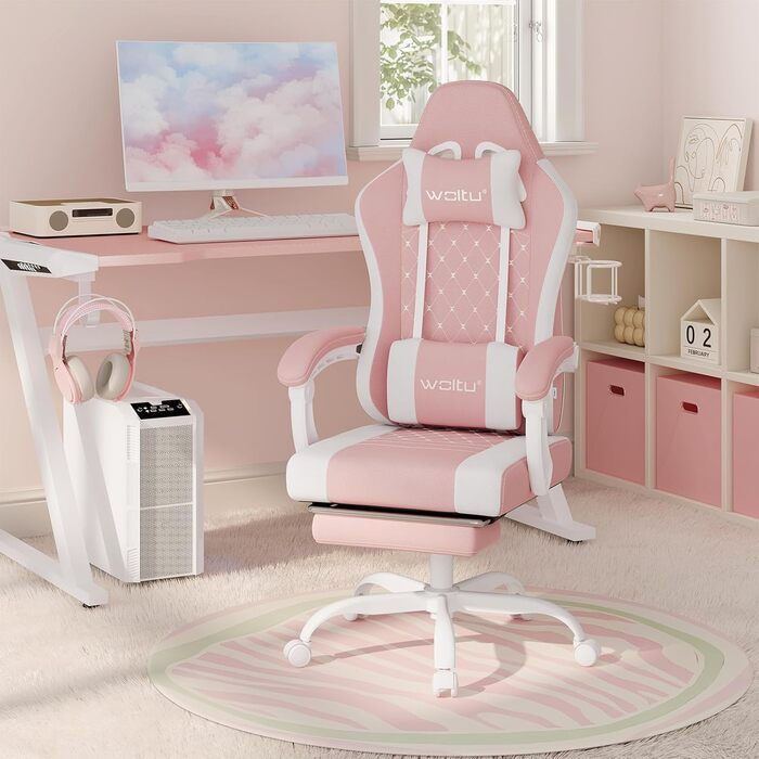 WOLTU Gaming Chair with Massage Function, Computer Chair with Pocket Spring Cushion, Ergonomic Gamer Recliner, Swivel Chair with Headrest, Lumbar Pillow, Footrest, Mesh Fabric, Pink+White, GS15rsw Pink+White Mesh Fabric