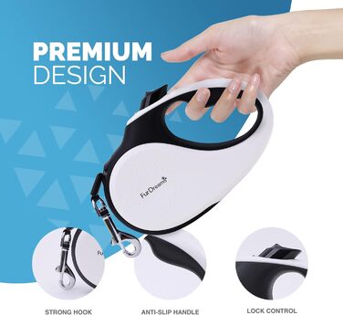 Рулетка для собак FurDreams – міцна висувна повідка 5 м | Зручна ручка з блокуванням | Міцний нейлоновий трос, що не заплутується | Кріплення для нашийника (велике) | Білий, великий