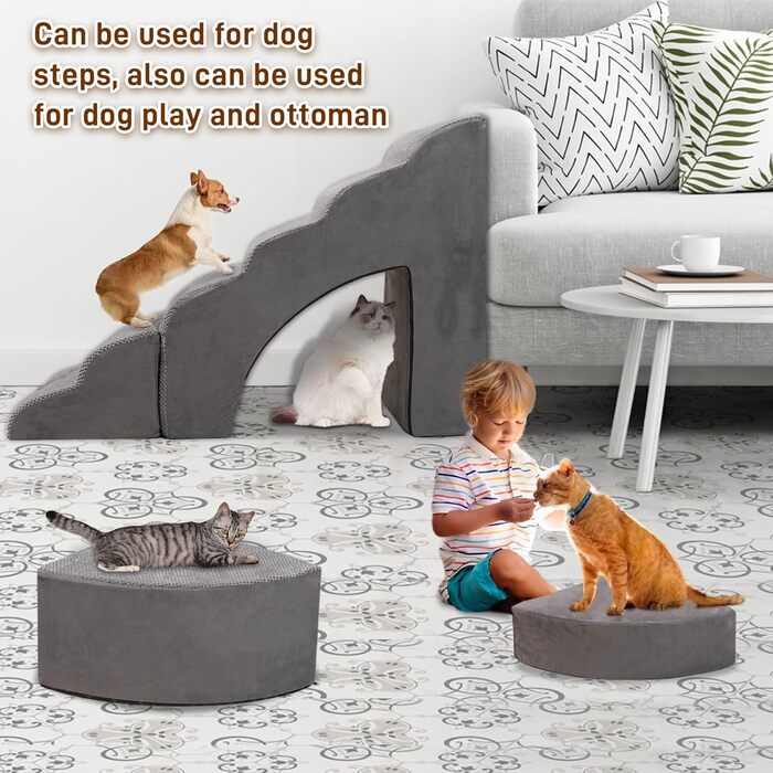 Сходинки для собак LitaiL з 6 сходинок, сірі, для високих ліжок, 63.5–76.2 см, підходять для собак середніх та маленьких порід