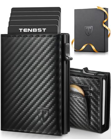 Чоловічий гаманець TENBST: тонкий, з відділенням для монет та RFID-захистом. Карна картхолдер, міні-портмоне, чорний карбон. Ідеальний подарунок.