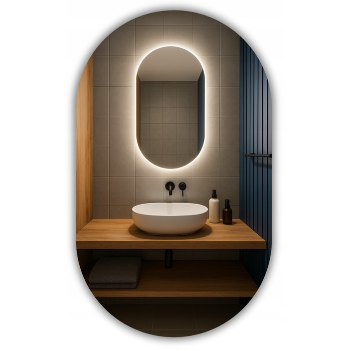 Овальне LED-дзеркало LUNA 60x80 см, вологозахищене IP65, вертикальний/горизонтальний монтаж