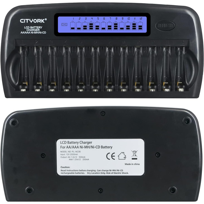 Зарядний пристрій CITYORK 12 Bay LCD з інтелектуальним захистом IC для AA/AAA NI-MH/NI-аккумуляторів, з адаптером та комплектом AA-аккумуляторів