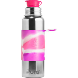 Pura Sport vacuum-insulated 650 ml stainless steel water bottle with silicone sport flip-top lid and sleeve (plastic-free, non-toxic certified, BPA-free) (Pink Swirl)
