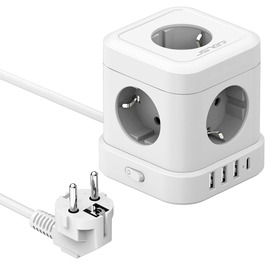 Сетевой фильтр JSVER Cube 5-портовый с USB, кубический сетевой фильтр (3680W 16A) с 4 USB-зарядками (17W), для столу, офиса, дома или в поездку, 2м кабель, белый