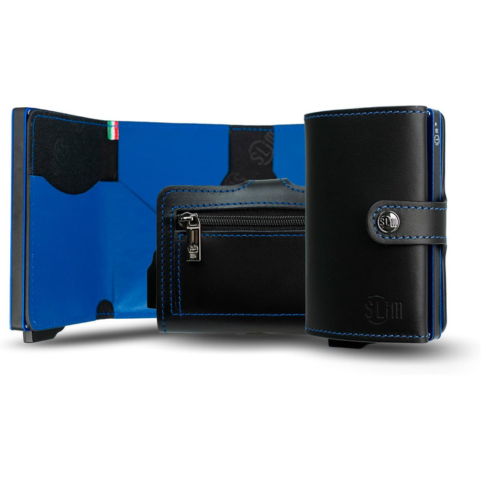 SLim жіноче та чоловіче портмоне - картхолдер з відділенням для монет та RFID захистом, Made in Italy (Чорний та Синій)