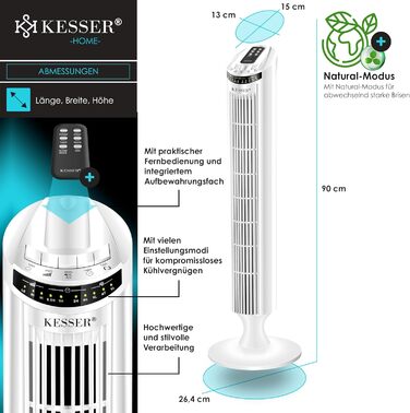 Турбо-вентилятор KESSER® з пультом керування | 90° кут осциляції | 3 режими | 90 см | Таймер | Турбо-режим | Колонний вентилятор | Охолоджувач повітря | Білий