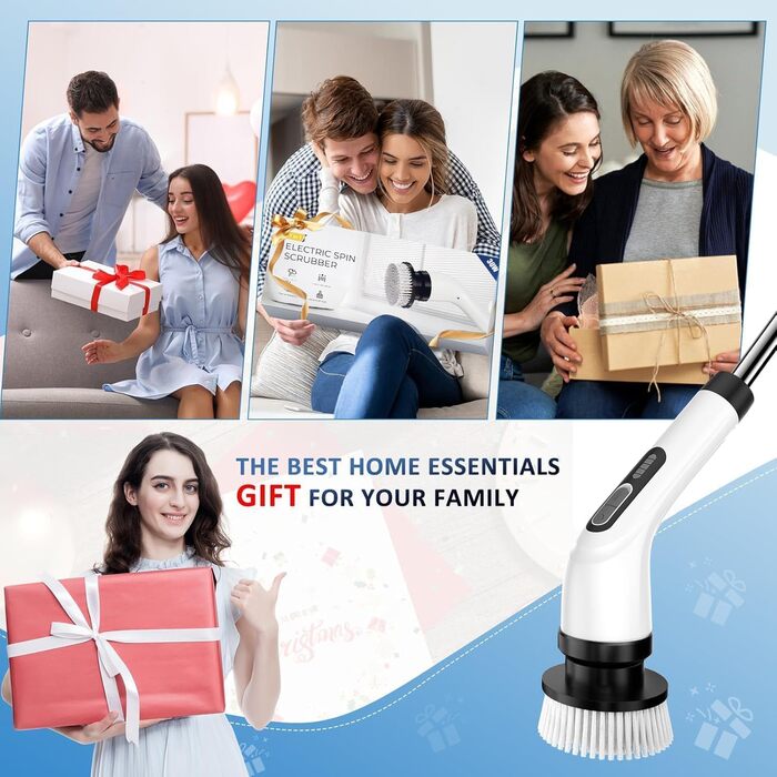 Електрична щітка для чищення, з акумулятором 3000mAh, 7 насадок, регульована ручка, IPX7 водонепроникність, 2 швидкості, для ванної кімнати, плитки, кремово-білий