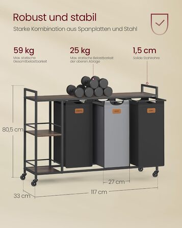 VASAGLE Laundry Basket with 3 Compartments, Laundry Collector 150 L, Laundry Sorter, Wheels, Laundry Cart with Shelves, Laundry Bag, with Removable Bags, 6 Labels, Chestnut Brown-Ink Black-Dove Gray BLH312B01