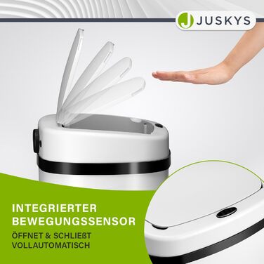 Відро для сміття Juskys з датчиком руху, 60л, біле - кутовий контейнер з кришкою та кільцем для пакетів, нержавіюча сталь, безконтактне відкривання