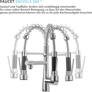 Змішувач кухонний LED Chrome з висувною лійкою, 360° поворот, 2 виходи, для кухні