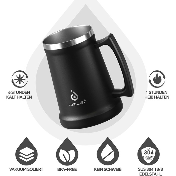 Термокружка для пива Ideus® з нержавіючої сталі, 710 мл, 24oz, з ручкою, для Октоберфесту (чорна)