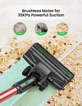 Бездротовий пилосос Vexilar Akku: 60 хв роботи, 45 kPa, 550 W, безщітковий двигун, LED дисплей, 6-в-1, тихий, для дому/авто, підходить для твердих поверхонь, килимів, шерсті тварин, зелений (червоний)